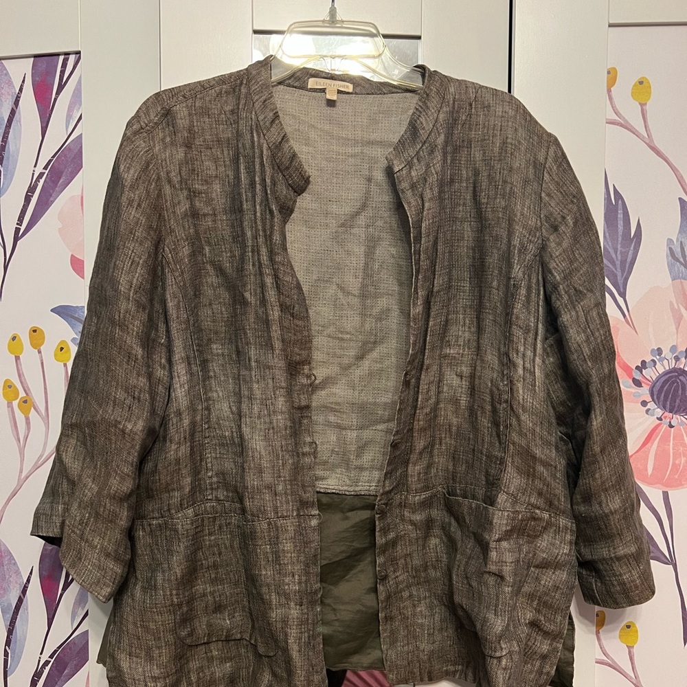 Eileen Fisher 100% Linen Four Button 3/4 Sleeve Jacket w/ Pockets xl